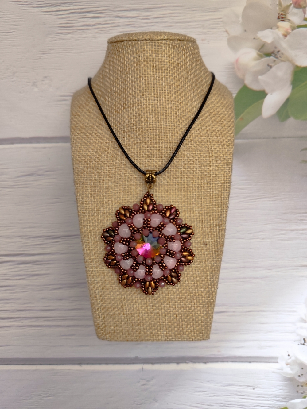 Pink Beaded Floral Pendant Necklace with Gold Accents